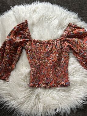 House of Harlow 1960 Rust Floral Off-Shoulder Smocked Blouse Size M
